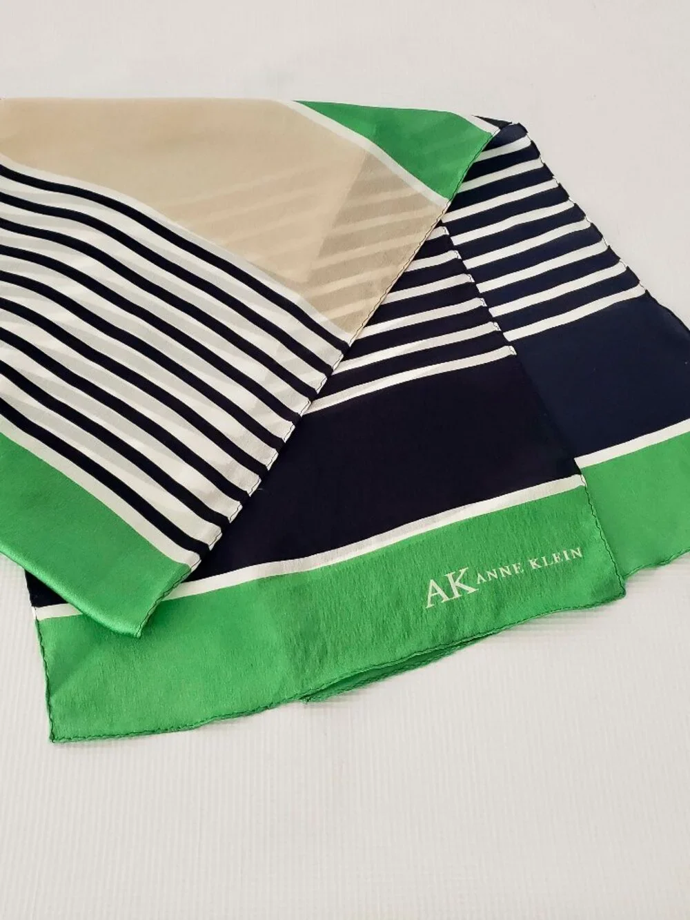 Anne Klein Green Navy Striped Silk Scarf